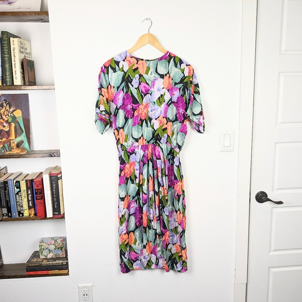 Vintage Colorful Floral 80s 90s 100% Silk Midi Dress